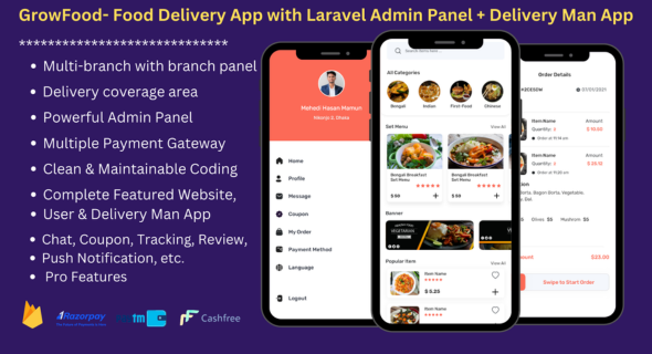 GrowFood- website and Food Delivery App with Laravel Admin Panel + Delivery Man App